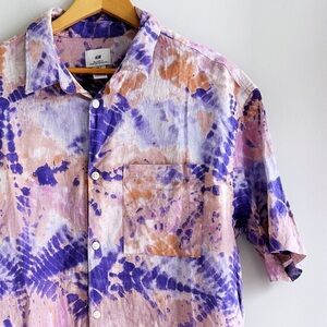 H&M Tie Dye Linen Cotton Blend Button Up Shirt Mens Medium Purple Pink Multi